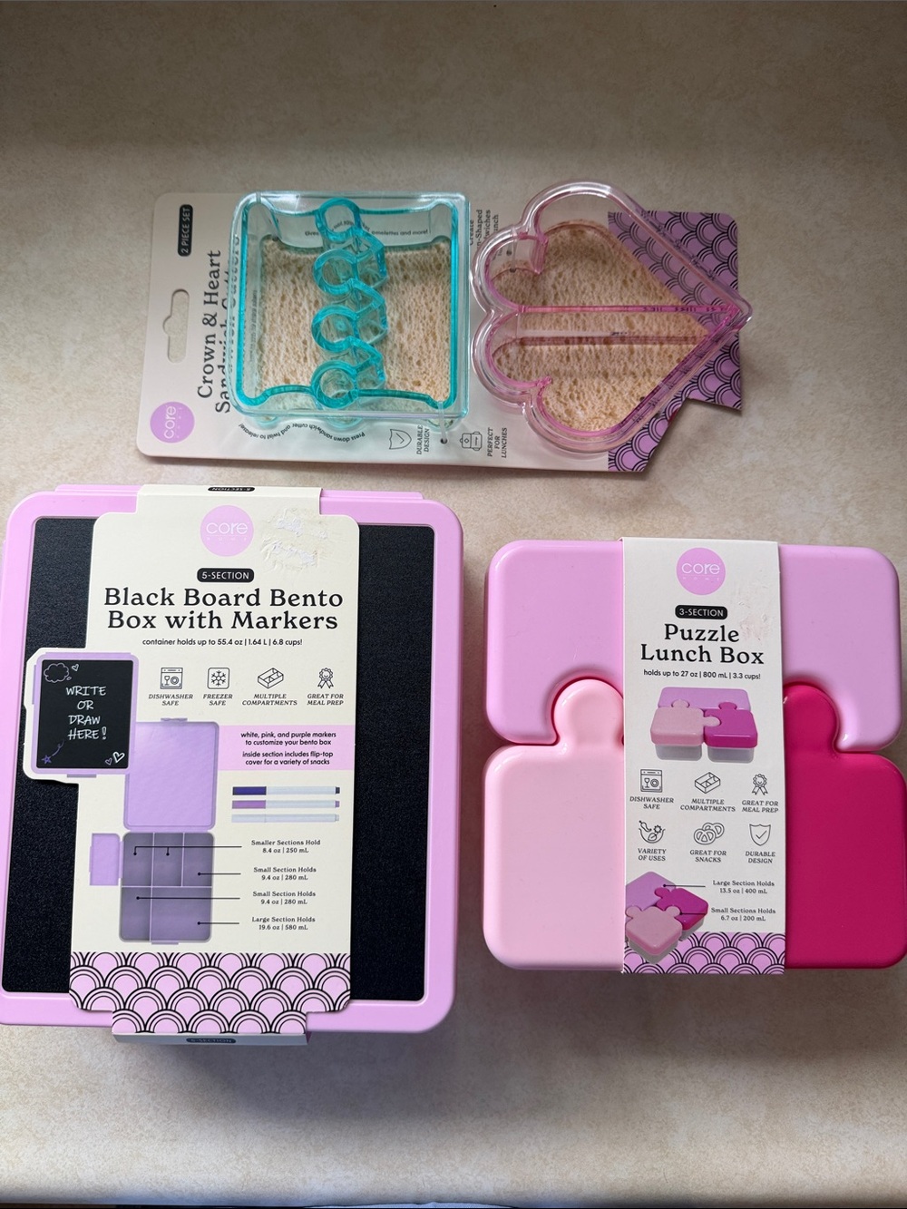 Pink Puzzle Lunch Box & Pink Black Board Bento Box Bundle With Sandwich Cutters!